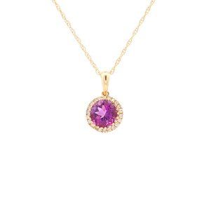 Yellow Gold Charm Necklace with Round-Cut Amethyst 1.04 Gemstone 14K .10 TDW