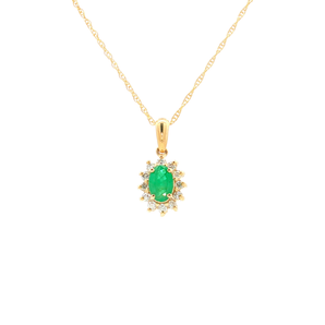 Yellow Gold Charm Necklace with Cabochon Emerald .40 Pendant 14K  .17 TDW