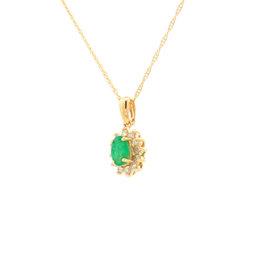 Yellow Gold Charm Necklace with Cabochon Emerald .40 Pendant 14K  .17 TDW