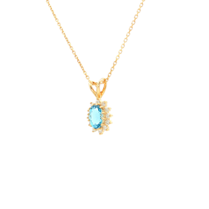 Yellow Gold Charm Necklace with Greenish Blue Oval Aquamarine .37  14K 0.13 TDW