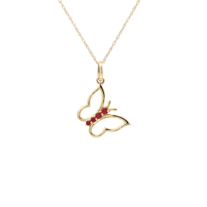 Yellow Gold Charm Necklace with Round Ruby .10 Butterfly Pendant 14K