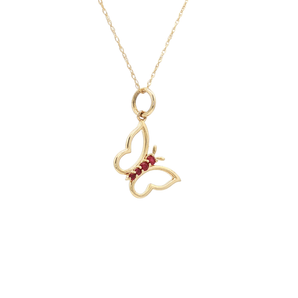 Yellow Gold Charm Necklace with Round Ruby .10 Butterfly Pendant 14K