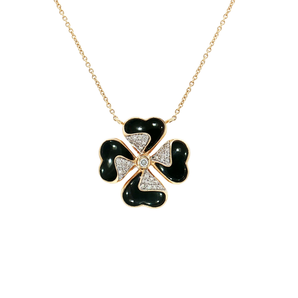 Yellow Gold Four-Leaf Clover Charm Necklace with Round Brilliant Diamond 0.15 14K 2.57 Onyx