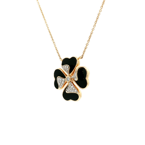 Yellow Gold Four-Leaf Clover Charm Necklace with Round Brilliant Diamond 0.15 14K 2.57 Onyx