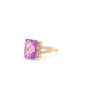 Yellow Gold Cocktail Ring with Emerald Cut Amethyst 3.36 14K 0.09 TDW